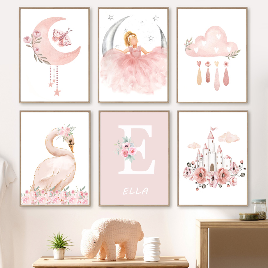 Baby Nursery Animal Pictures - Roze Engel Meisje Zon Maan Wolk