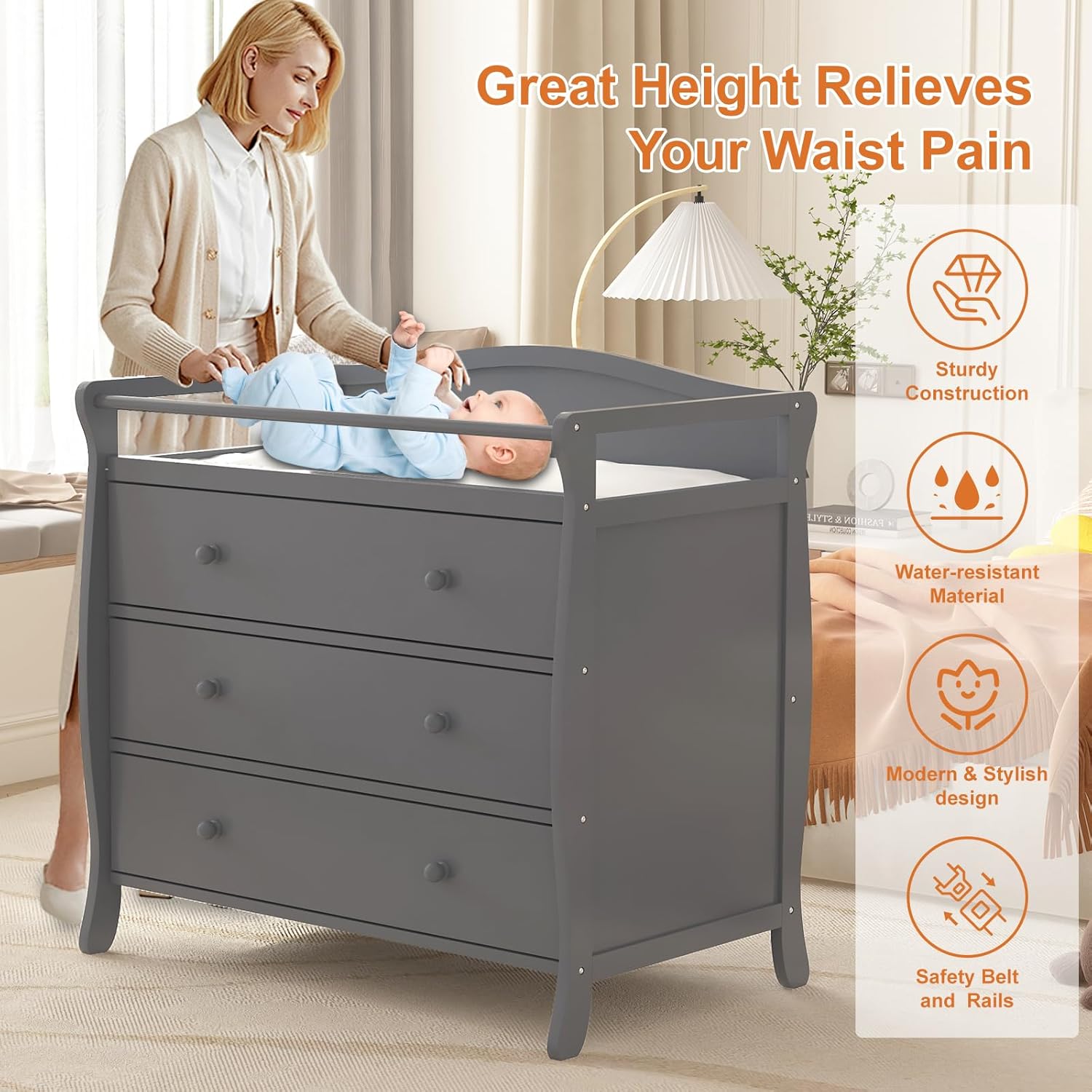 Baby Nursery Drawers - 3-laden babycommode houten luiercommode met veiligheidsgordel