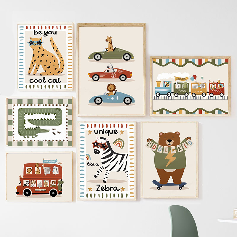 Baby Nursery Animal Pictures - Grappige Cartoon Dieren Auto Bus Kinderkamer