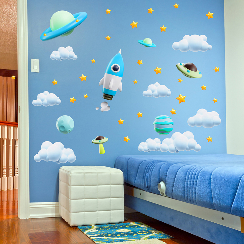 Baby Nursery Diy - Blauwe Galaxy Space Rocket UFO muursticker