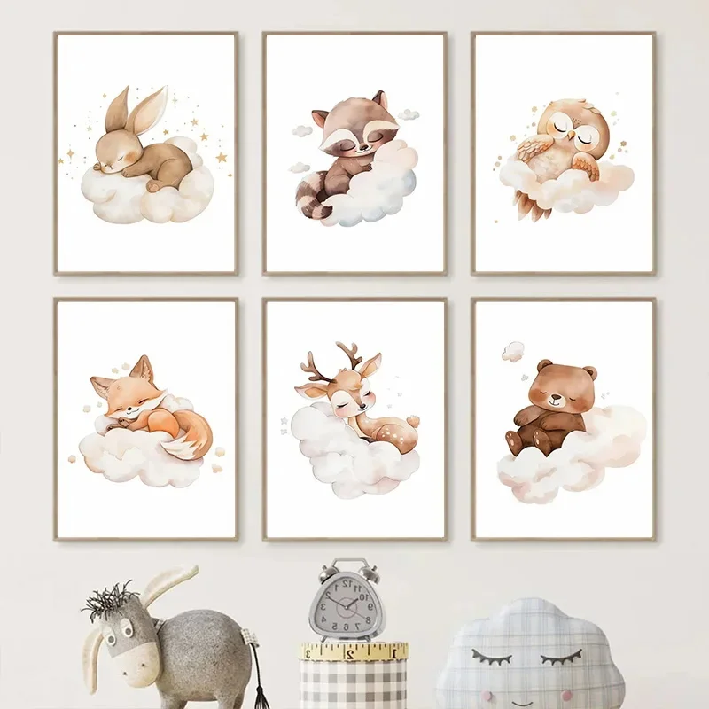 Baby Nursery Animal Pictures - Cartoon Cloud Animal Canvas Schilderij Wall