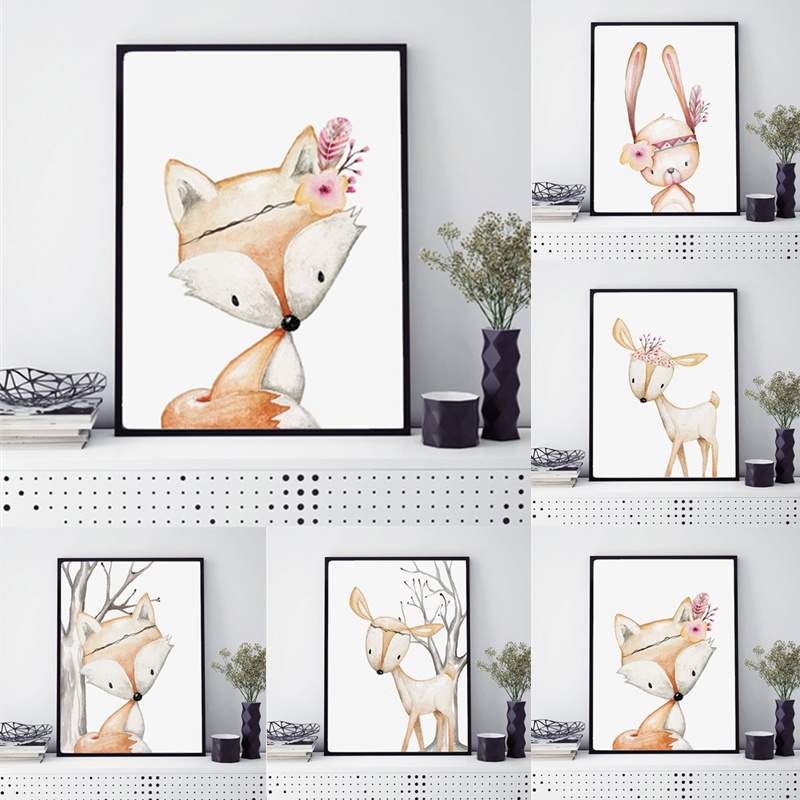 Baby Nursery Animal Pictures - Cartoon Konijn Poster Vos Herten Schilderijen