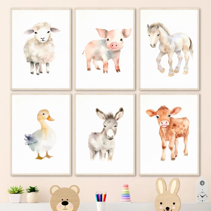 Baby Nursery Animal Pictures - Aquarel Boerderijdieren Baby Paard Eenden Schapen