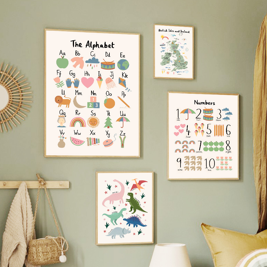 Baby Nursery Animal Pictures - Dierenwereldkaart Dinosaurus Alfabet Nummer Canvas Wall