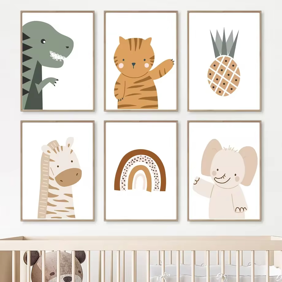 Baby Nursery Animal Pictures - Regenboog Zon Leeuw Dinosaurus Alfabet Boho
