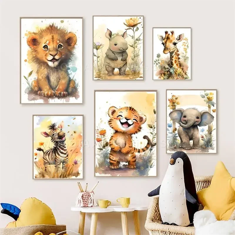 Baby Nursery Animal Pictures - Aquarel Leeuw Giraffe Tijger Olifant Zebra