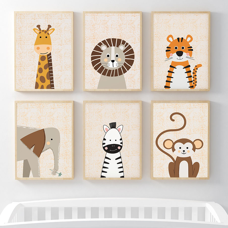 Baby Nursery Animal Pictures - Leeuw Giraffe Olifant Zebra Aap Kinderkamer