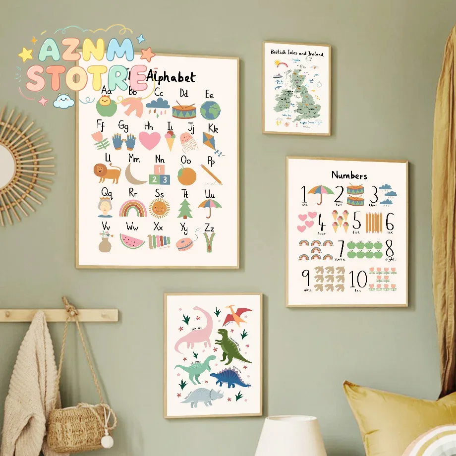 Baby Nursery Animal Pictures - Dierenwereldkaart Dinosaurus Alfabet Nummer Canvas Wandkunst