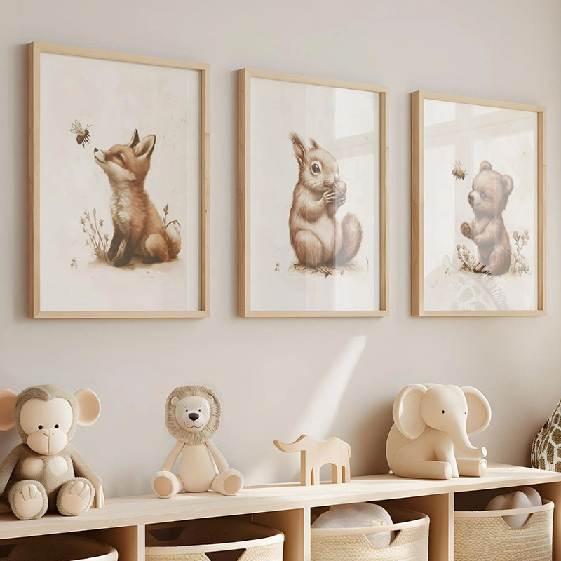 Baby Nursery Animal Pictures - Beer Konijn Vos Herten Eekhoorn Muis