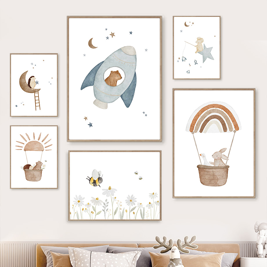 Baby Nursery Animal Pictures - Cartoon Dieren Kinderkamer Muurschildering Konijn Egel